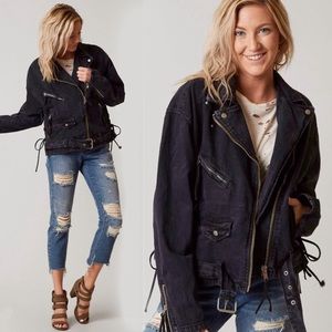 Free People Oversized Black Denim Moto Jacket